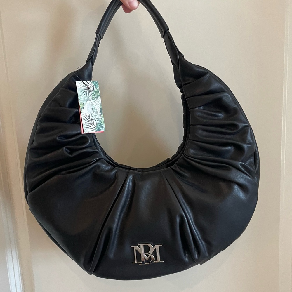 NWT Badgley Mischka Black Vegan Leather Trendy Shoulder Bag w/ Silver Hardware